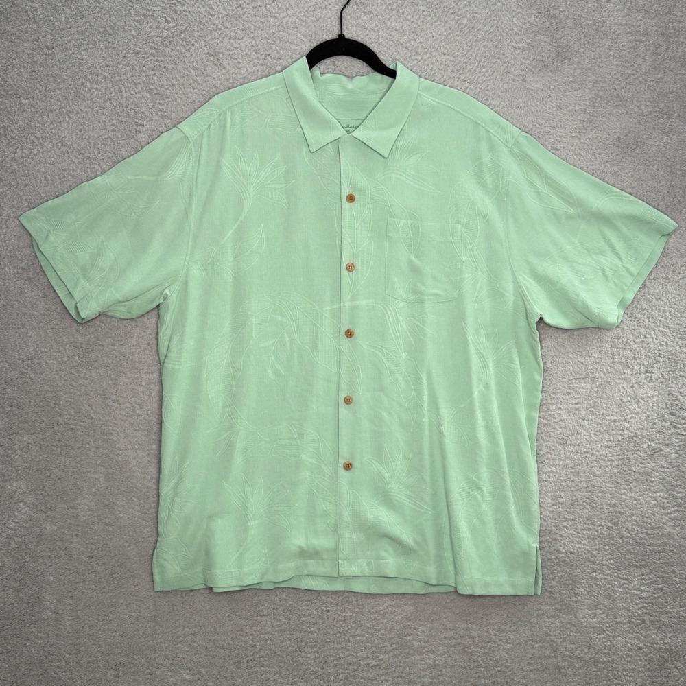 Tommy Bahama Mens XL Silk Camp Shirt Mint Green Tropical Leaf Jacquard Button Up